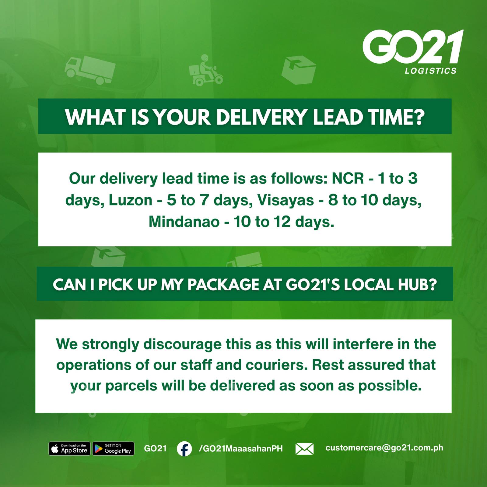 Frequently asked questions slide about delivery lead time and package pick-ups