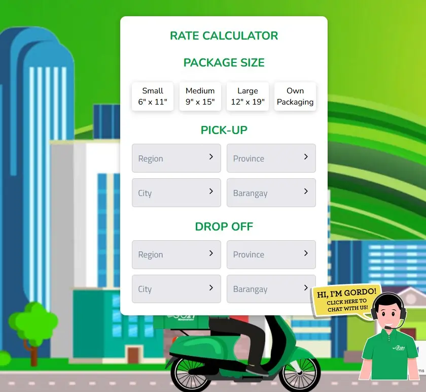 Screenshot of the GO21 booking website rate calculator