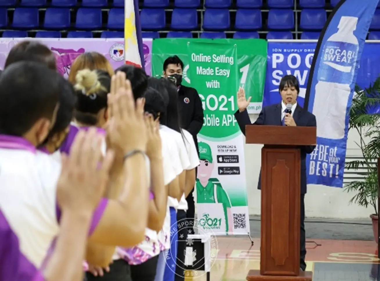 Women's Martial Arts Festival attendees reciting the patriotic oath