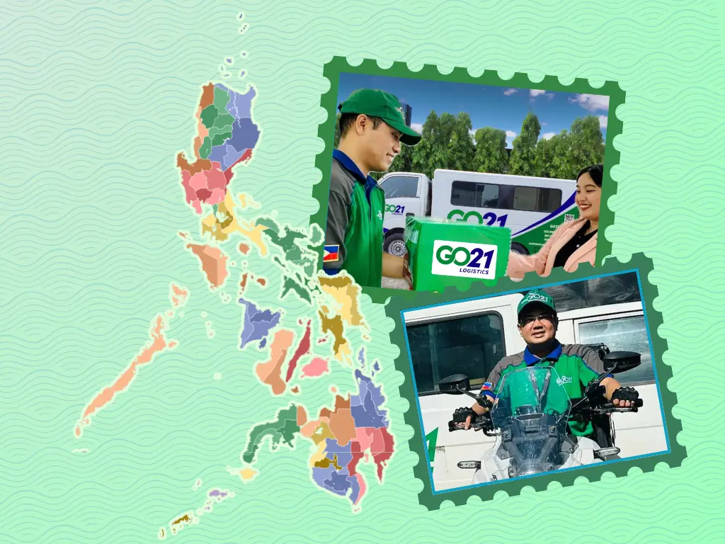 GO21 employees next to a map of the Philippines