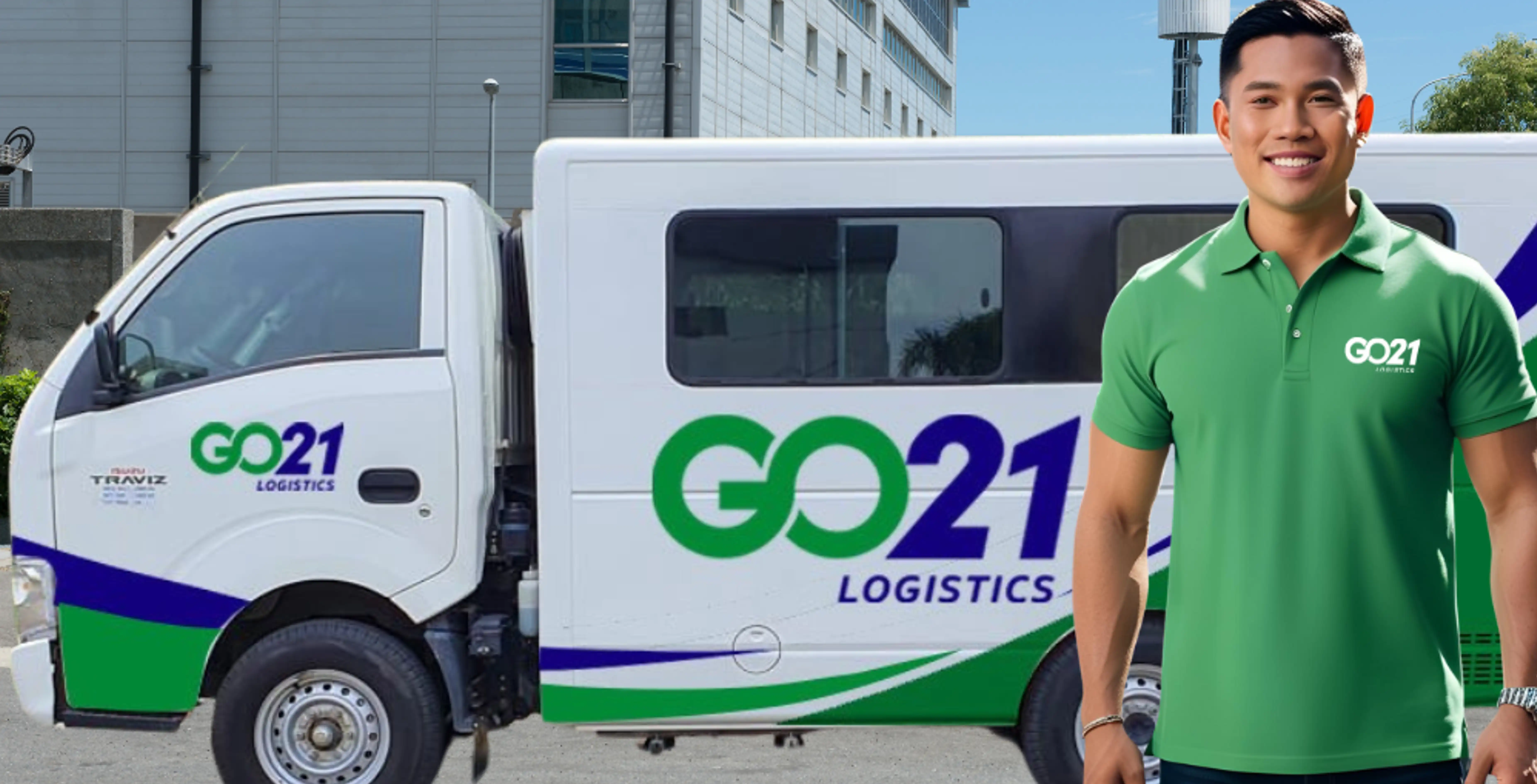 A GO21 employee in front of a GO21 truck