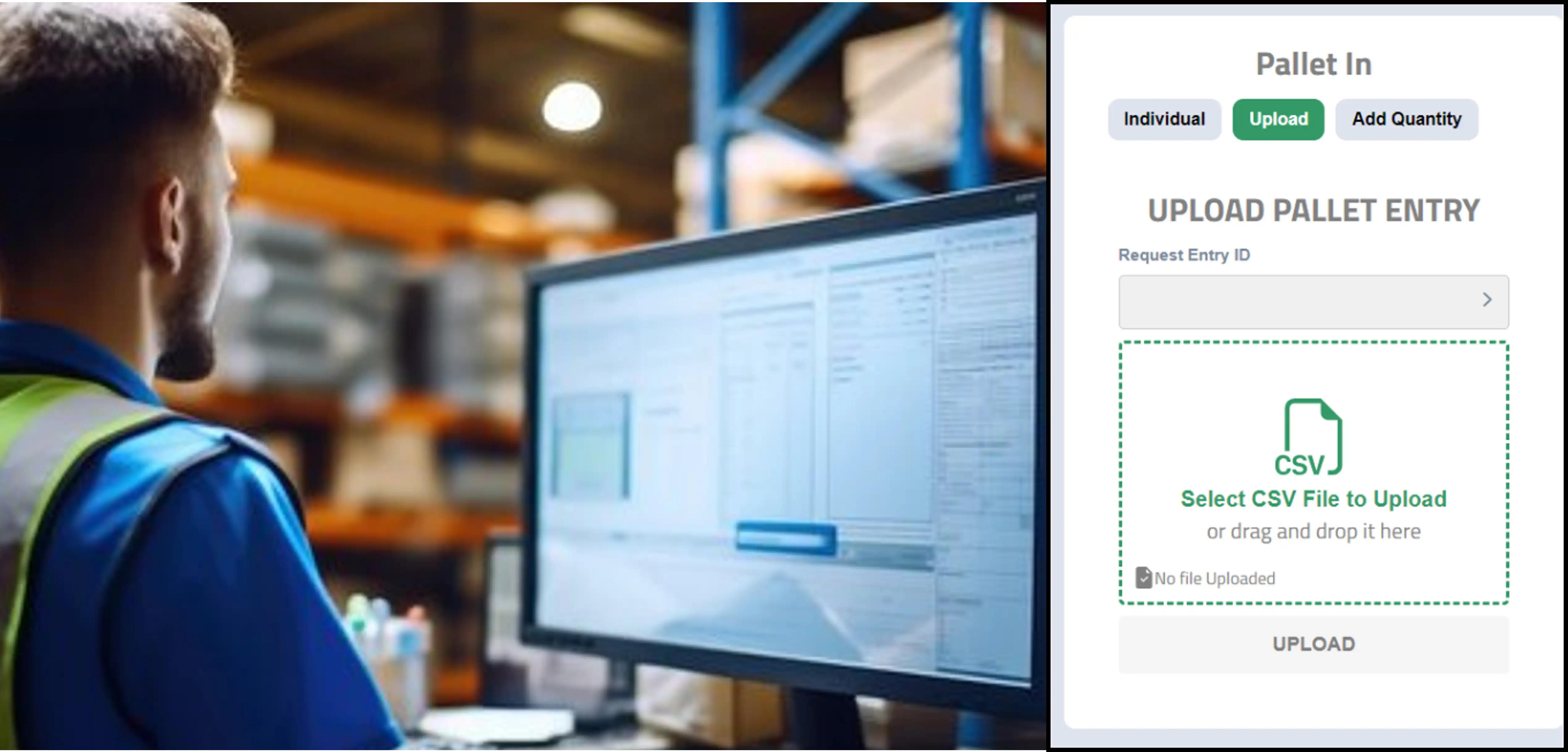 A GO21 warehouse worker in front of a computer screen, beside a screenshot of  the warehouse system pallet entry feature