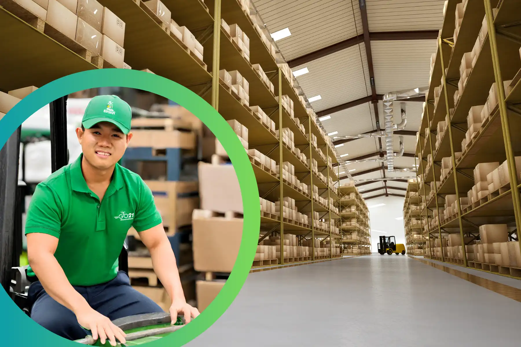 A GO21 employee sorting packages against the background of a warehouse